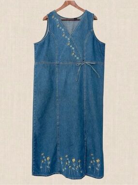 Embroidered Denim Maxi Dress 1X Cottagecore Daisy Floral Y2K Western Prairie